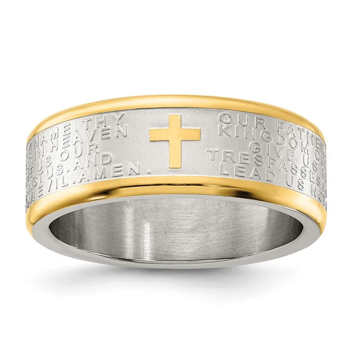 Rings TreasureFineJewelers Stainless Steel Brushed Polished Yellow IP Lords Prayer 8mm Band Rings TreasureFineJewelers Stainless Steel Brushed Polished Yellow IP Lords Prayer 8mm Band