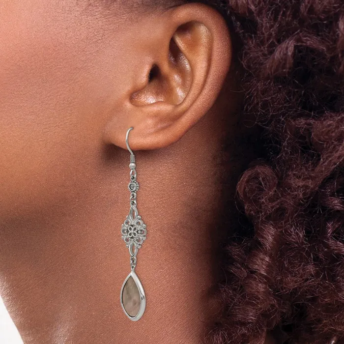 Stainless Steel Polished Black Mother of PearlCZ Dangle Earrings TreasureFineJewelers Earrings