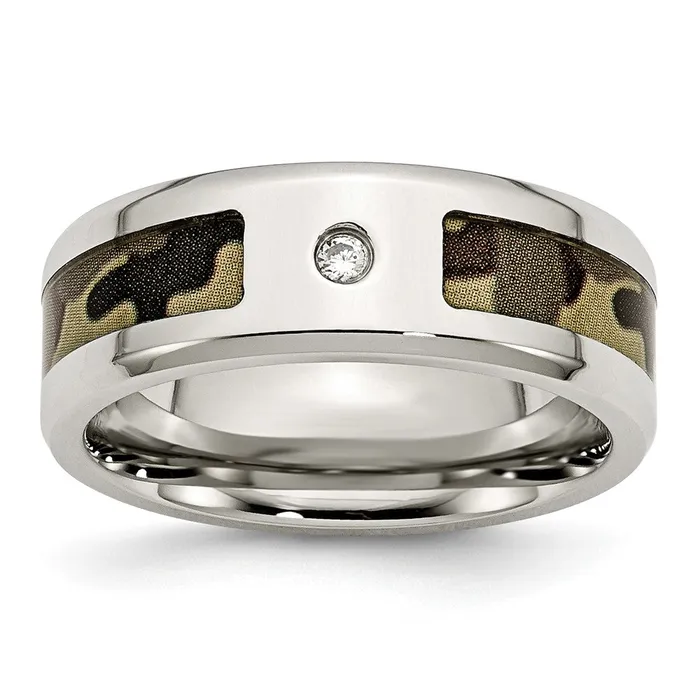 Stainless Steel Polished w CZ Printed Brown Camo Under Rubber Band TreasureFineJewelers Rings Stainless Steel Polished w CZ Printed Brown Camo Under Rubber Band TreasureFineJewelers Rings