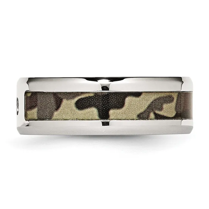 Stainless Steel Polished w CZ Printed Brown Camo Under Rubber Band TreasureFineJewelers Rings
