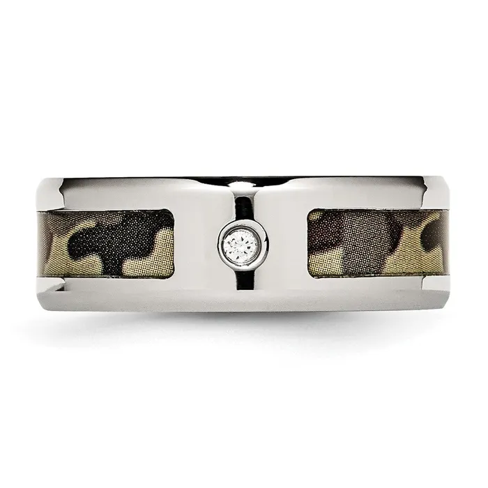 Stainless Steel Polished w CZ Printed Brown Camo Under Rubber Band TreasureFineJewelers Rings