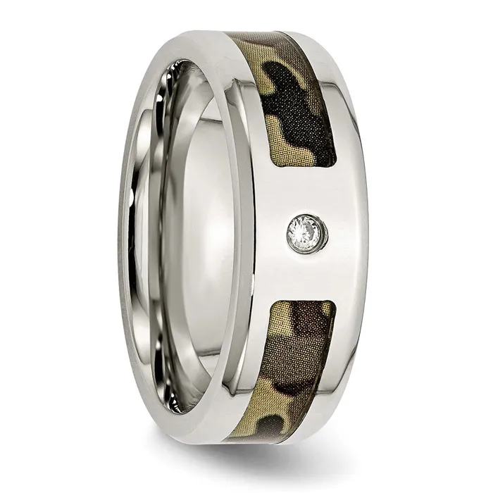 Stainless Steel Polished w CZ Printed Brown Camo Under Rubber Band TreasureFineJewelers Rings