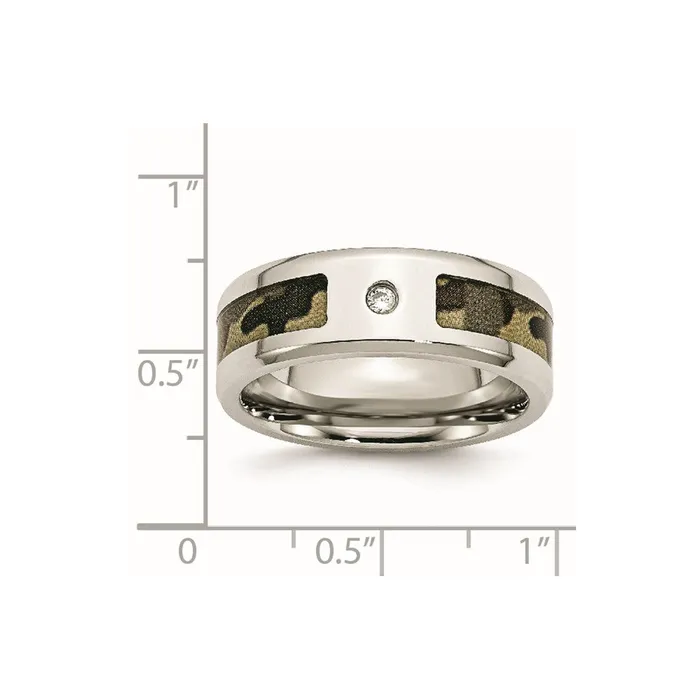 Stainless Steel Polished w CZ Printed Brown Camo Under Rubber Band TreasureFineJewelers Rings