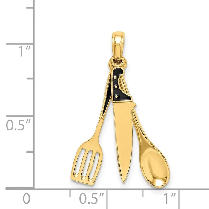 TreasureFineJewelers 14K 3D Enamel Butcher Knife Spoon and Spatula Moveable Charm Charm Necklaces