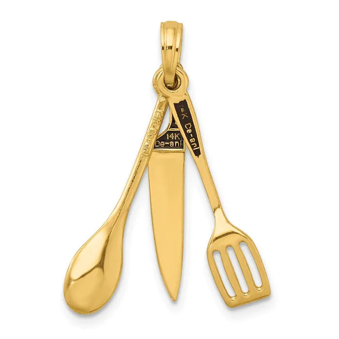 TreasureFineJewelers 14K 3D Enamel Butcher Knife Spoon and Spatula Moveable Charm Charm Necklaces