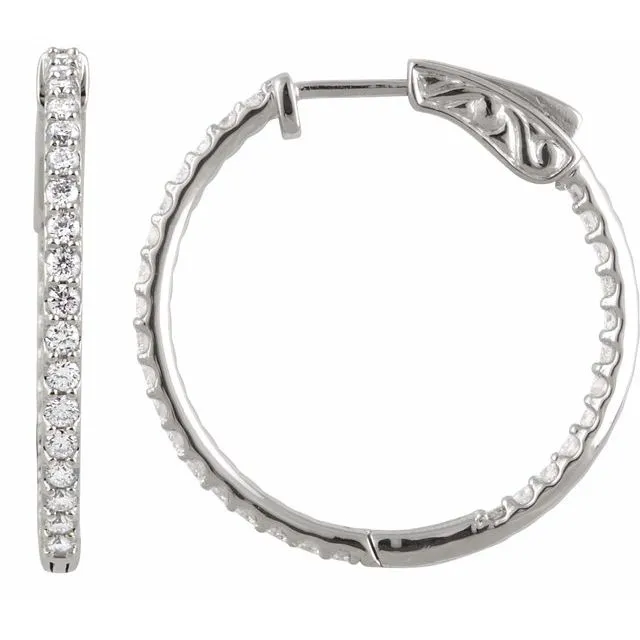 TreasureFineJewelers 14K White Gold 265 mm 1 CTW Natural Diamond InsideOutside Hinged Hoop Earrings Earrings