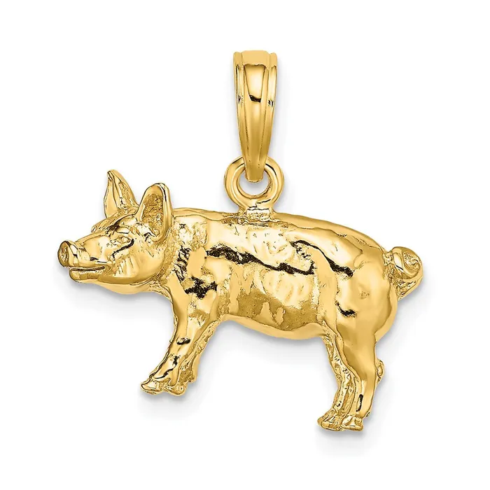 TreasureFineJewelers Charm Necklaces 14K 3D Textured Farm Pig Charm