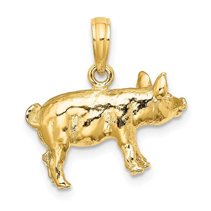 TreasureFineJewelers Charm Necklaces 14K 3D Textured Farm Pig Charm