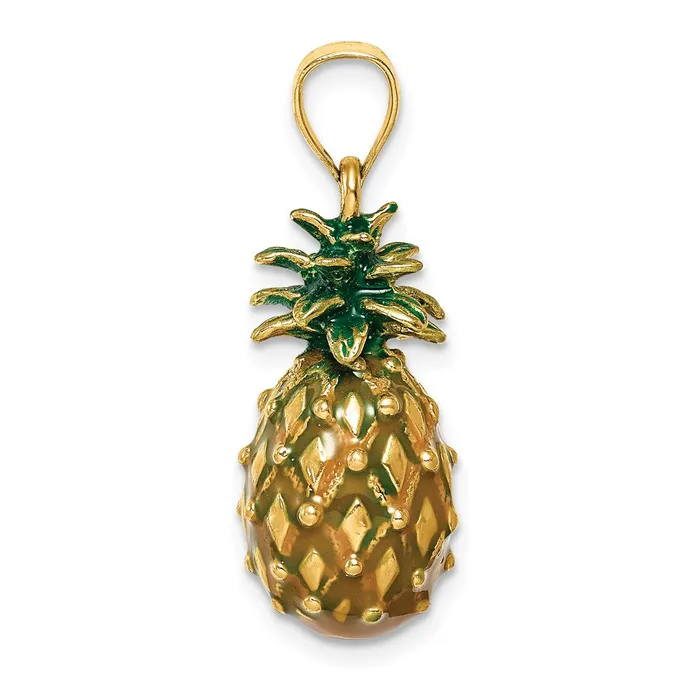 TreasureFineJewelers Charm Necklaces 14K Enamel and Polished 3D Pineapple Charm