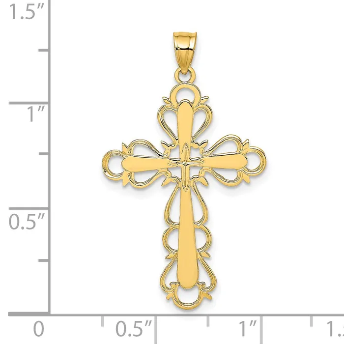 TreasureFineJewelers Charm Necklaces 14K Polished Lace Trim Cross Charm