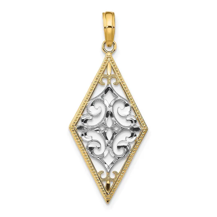 TreasureFineJewelers Charm Necklaces 14K wRhodium Diamond Shape CutOut Filigree Charm TreasureFineJewelers Charm Necklaces 14K wRhodium Diamond Shape CutOut Filigree Charm