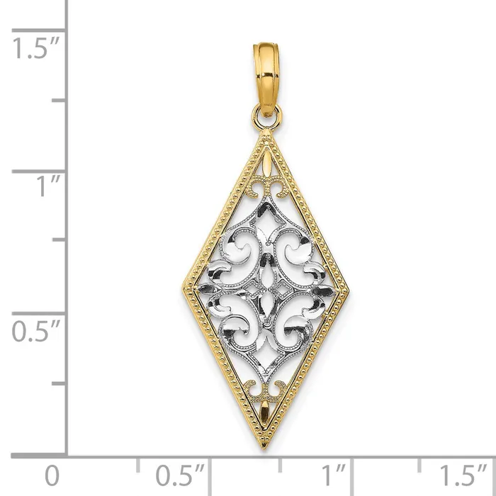 TreasureFineJewelers Charm Necklaces 14K wRhodium Diamond Shape CutOut Filigree Charm