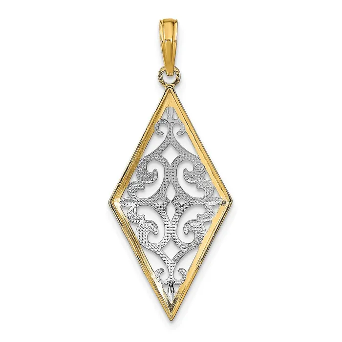 TreasureFineJewelers Charm Necklaces 14K wRhodium Diamond Shape CutOut Filigree Charm