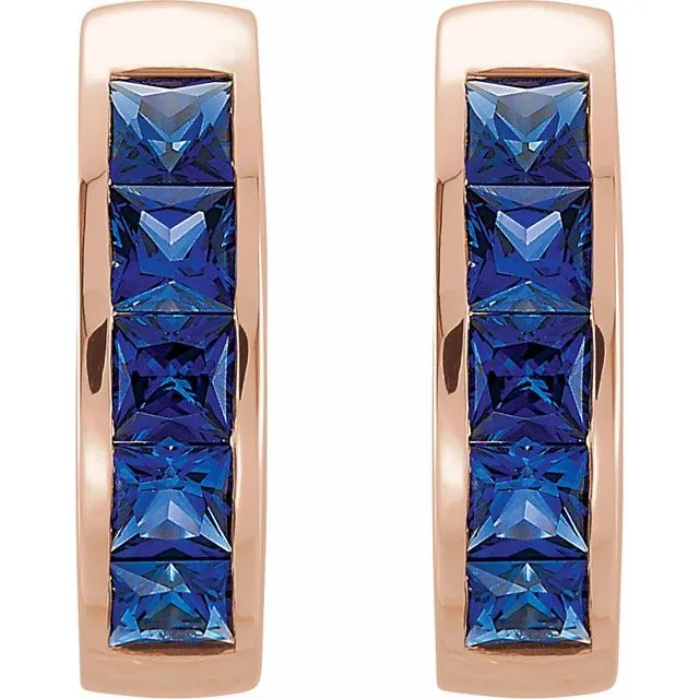 TreasureFineJewelers Earrings 14K Rose LabCreated Blue Sapphire Hoop Earrings