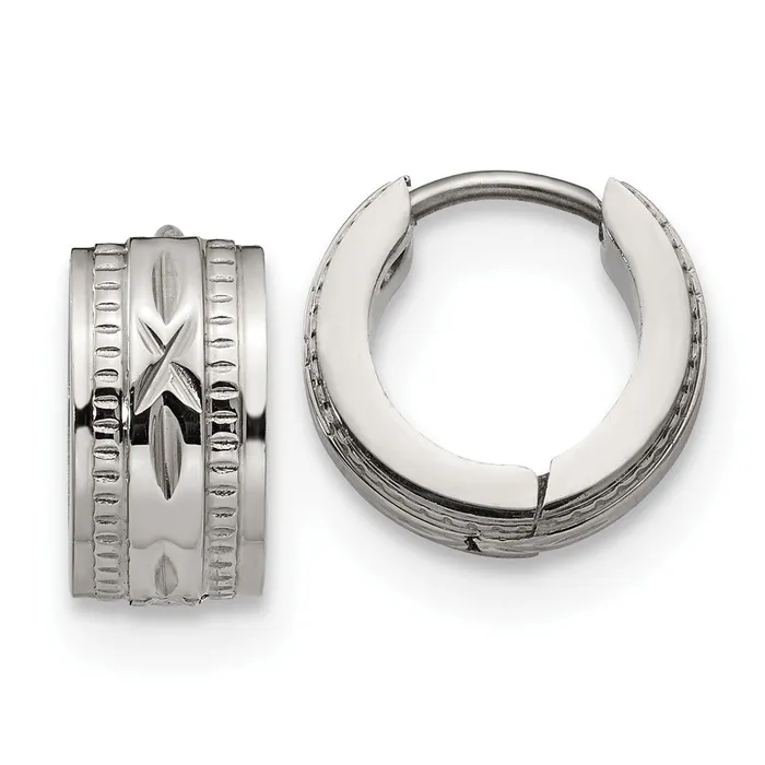 TreasureFineJewelers Earrings Stainless Steel Polished and Textured 6mm Hinged Hoop Earrings TreasureFineJewelers Earrings Stainless Steel Polished and Textured 6mm Hinged Hoop Earrings