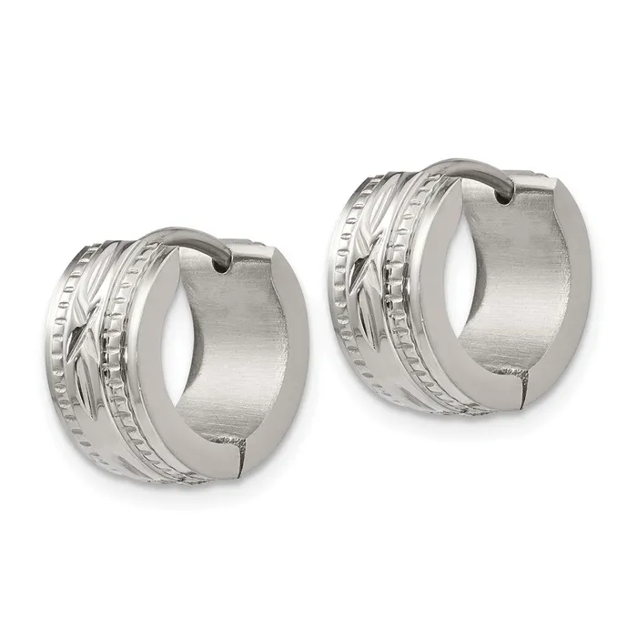 TreasureFineJewelers Earrings Stainless Steel Polished and Textured 6mm Hinged Hoop Earrings