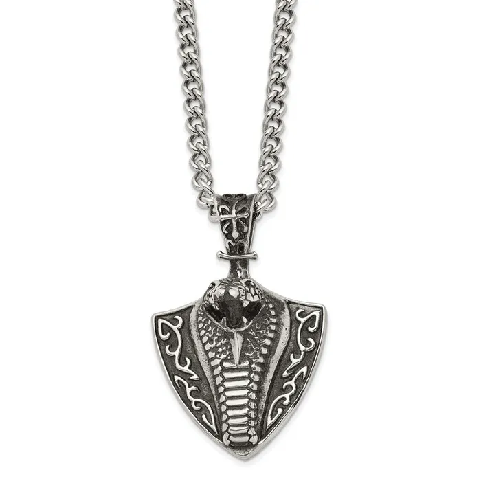TreasureFineJewelers Necklaces Chisel Stainless Steel Antiqued Polished and Textured Snake on Shield Pendant on a 30 inch Curb Chain Necklace TreasureFineJewelers Necklaces Chisel Stainless Steel Antiqued Polished and Textured Snake on Shield Pendant on a 30 inch Curb Chain Necklace