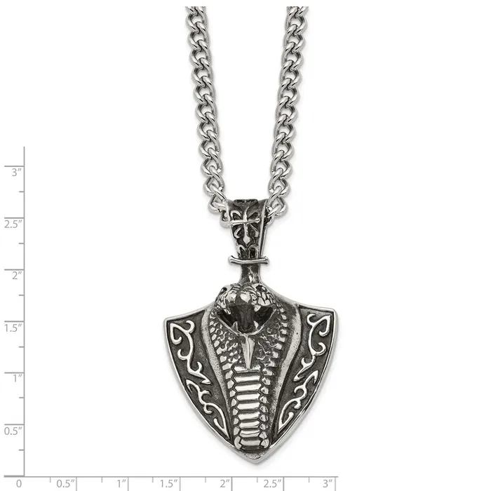 TreasureFineJewelers Necklaces Chisel Stainless Steel Antiqued Polished and Textured Snake on Shield Pendant on a 30 inch Curb Chain Necklace