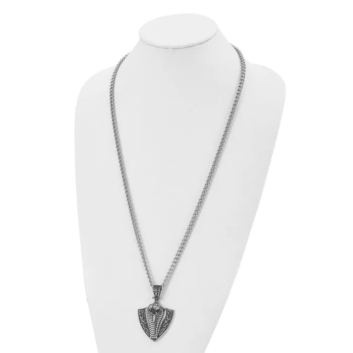 TreasureFineJewelers Necklaces Chisel Stainless Steel Antiqued Polished and Textured Snake on Shield Pendant on a 30 inch Curb Chain Necklace