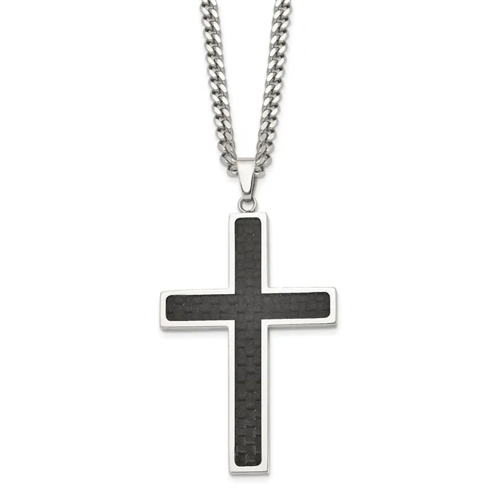 TreasureFineJewelers Necklaces Chisel Stainless Steel Polished with Black Carbon Fiber Inlay Cross Pendant on a 24 inch Curb Chain Necklace TreasureFineJewelers Necklaces Chisel Stainless Steel Polished with Black Carbon Fiber Inlay Cross Pendant on a 24 inch Curb Chain Necklace
