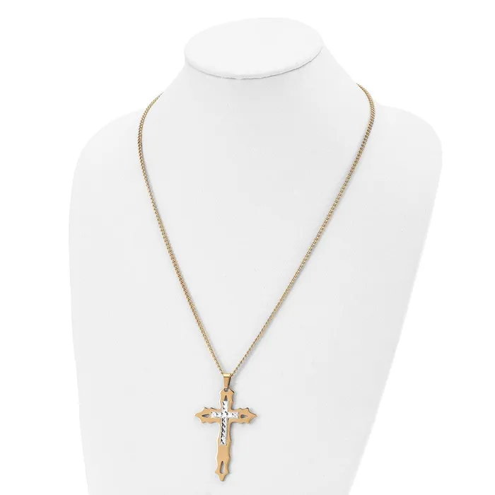 TreasureFineJewelers Necklaces Chisel Stainless Steel Polished Yellow IPplated Diamond Cut Cross Pendant on a 24 inch Curb Chain Necklace