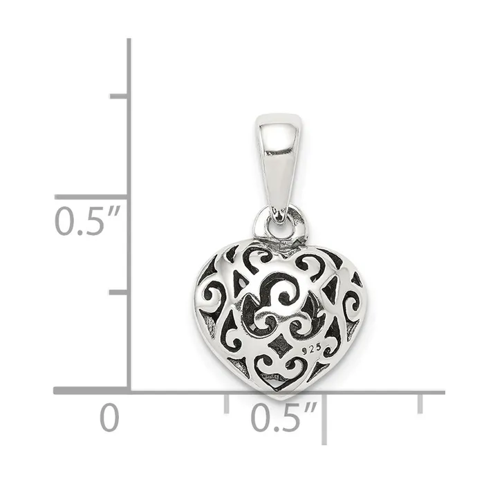 TreasureFineJewelers Necklaces Sterling Silver Antique Filigree Puff Heart Pendant