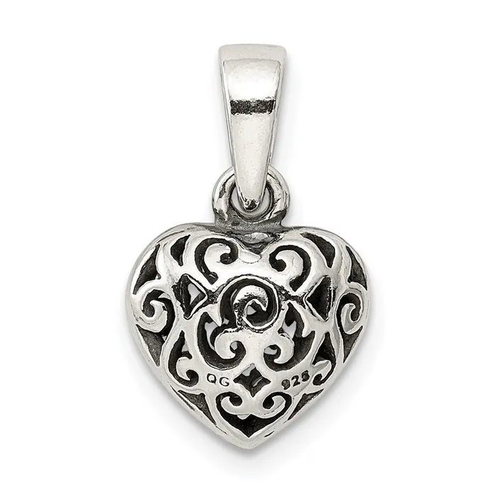 TreasureFineJewelers Necklaces Sterling Silver Antique Filigree Puff Heart Pendant
