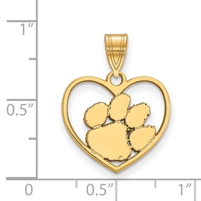 TreasureFineJewelers Necklaces Sterling Silver Goldplated Clemson University Tiger Paw Heart Pendant