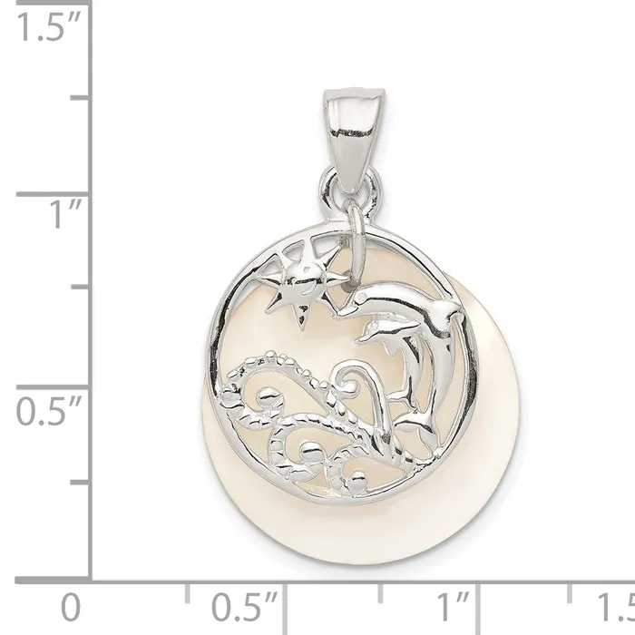 TreasureFineJewelers Necklaces Sterling Silver Polished Dolphin Waves Mother of Pearl Pendant