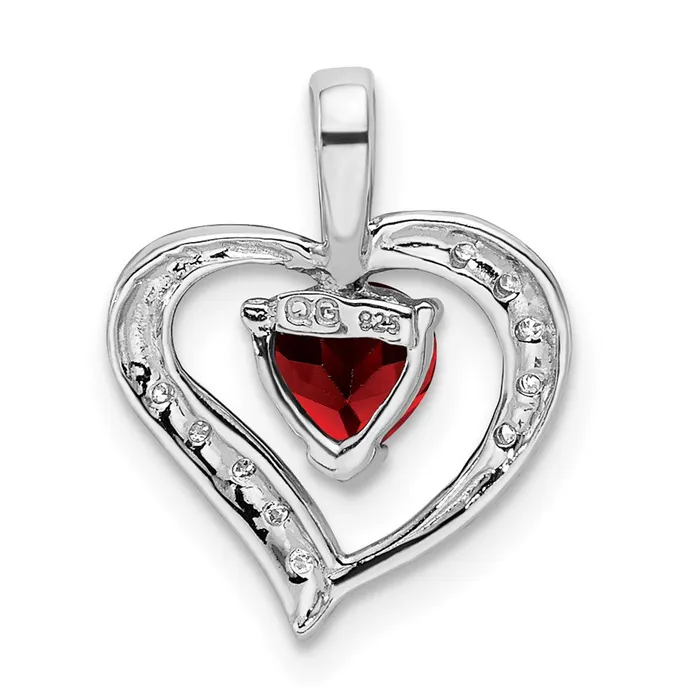 TreasureFineJewelers Necklaces Sterling Silver Rhodium Heart Garnet Diamond Heart Pendant