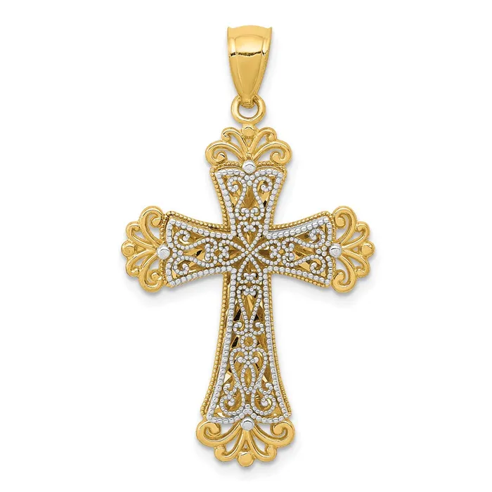 TreasureFineJewelers Rings 14K Twotone Polished 2 Level Budded Cross Pendant