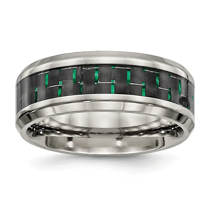 TreasureFineJewelers Rings Stainless Steel Polished BlackGreen Carbon Fiber Inlay 8mm Band TreasureFineJewelers Rings Stainless Steel Polished BlackGreen Carbon Fiber Inlay 8mm Band