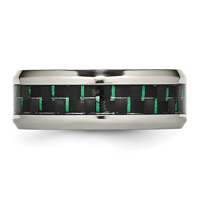 TreasureFineJewelers Rings Stainless Steel Polished BlackGreen Carbon Fiber Inlay 8mm Band