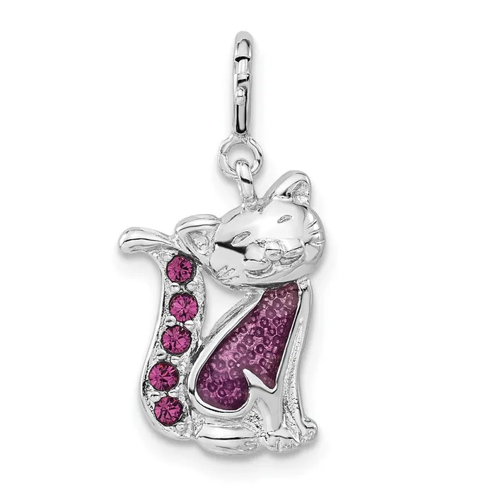 TreasureFineJewelers Rings Sterling Silver Cat with Purple Crystal Charm