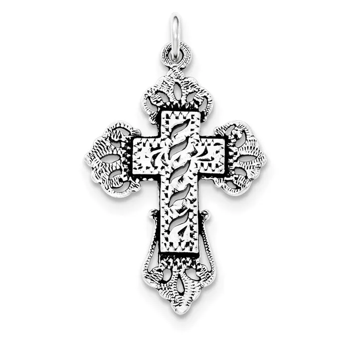 TreasureFineJewelers Sterling Silver Antiqued Textured Designed Edges Cross Pendant Necklaces TreasureFineJewelers Sterling Silver Antiqued Textured Designed Edges Cross Pendant Necklaces