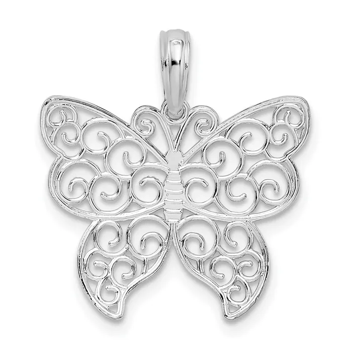 TreasureFineJewelers Sterling Silver Polished Filigree Wing Butterfly Pendant Necklaces