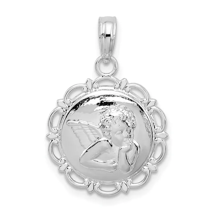 TreasureFineJewelers Sterling Silver Polished Scalloped Edge Angel Pendant Necklaces TreasureFineJewelers Sterling Silver Polished Scalloped Edge Angel Pendant Necklaces