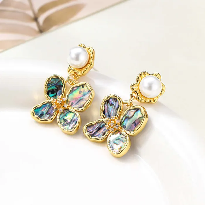 Trendolla Jewelry Copper Abalone Flower Tassel Pearl Earrings Earrings