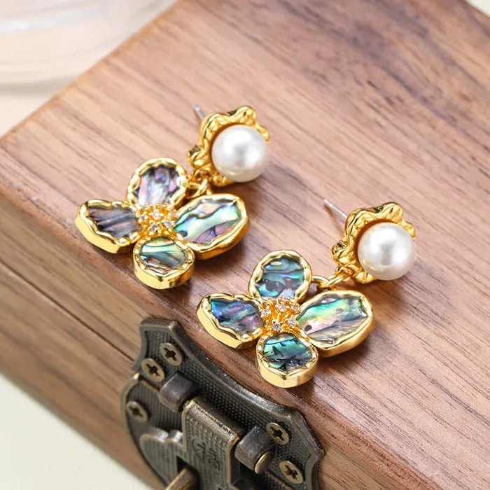 Trendolla Jewelry Copper Abalone Flower Tassel Pearl Earrings Earrings