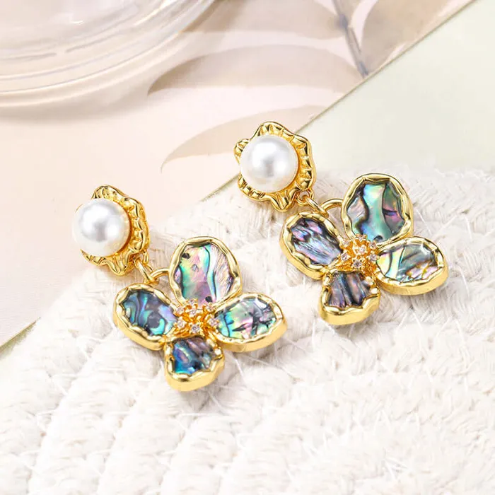 Trendolla Jewelry Copper Abalone Flower Tassel Pearl Earrings Earrings