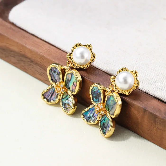 Trendolla Jewelry Copper Abalone Flower Tassel Pearl Earrings Earrings