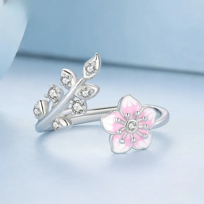Trendolla Jewelry Rings S925 Sterling Silver Pink Cherry Blossom Leaves Toi et Moi Ring
