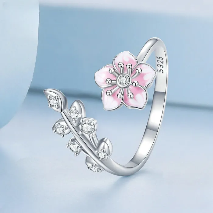 Trendolla Jewelry Rings S925 Sterling Silver Pink Cherry Blossom Leaves Toi et Moi Ring