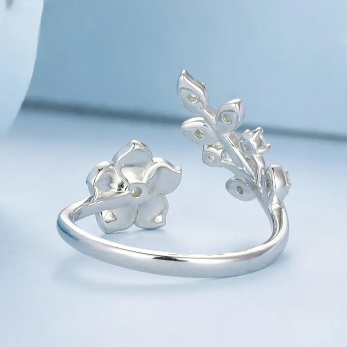 Trendolla Jewelry Rings S925 Sterling Silver Pink Cherry Blossom Leaves Toi et Moi Ring