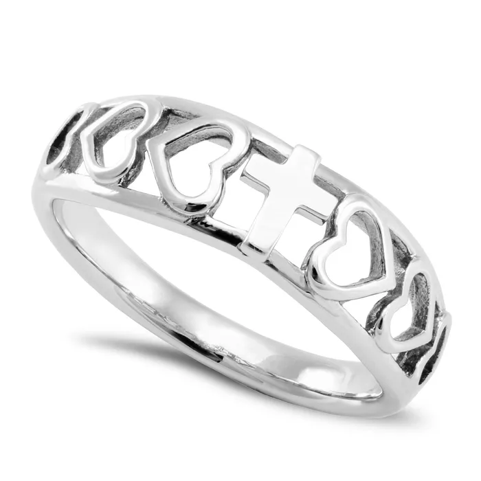 Woman Of God Ring with Heart Cutout and Cross Stainless Steel North Arrow Shop Rings