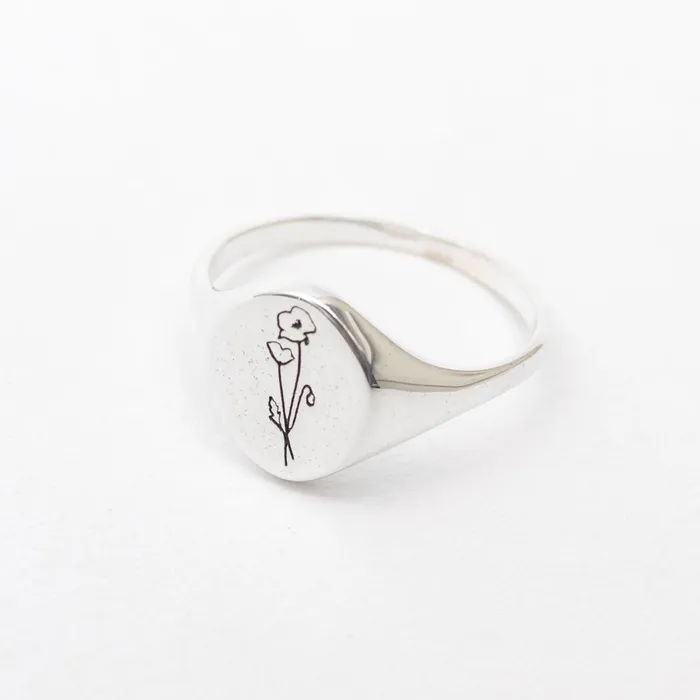 August Birth Flower Signet Ring Silver Lotus Rings