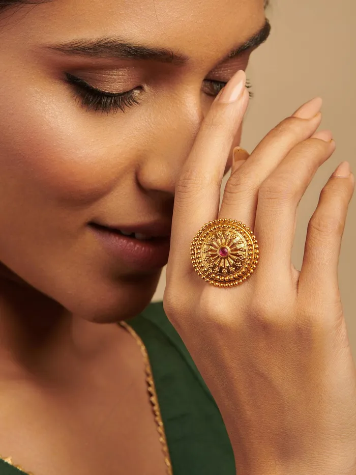 Curio Cottage Rings 22K GoldPlated TempleS Crimson Studded Embrace Ring