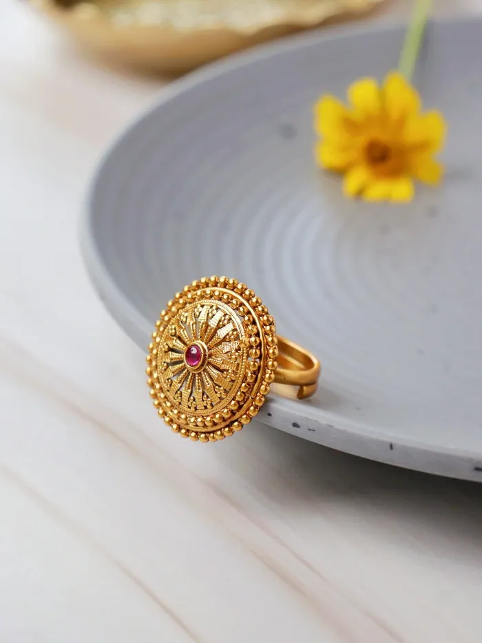 Curio Cottage Rings 22K GoldPlated TempleS Crimson Studded Embrace Ring
