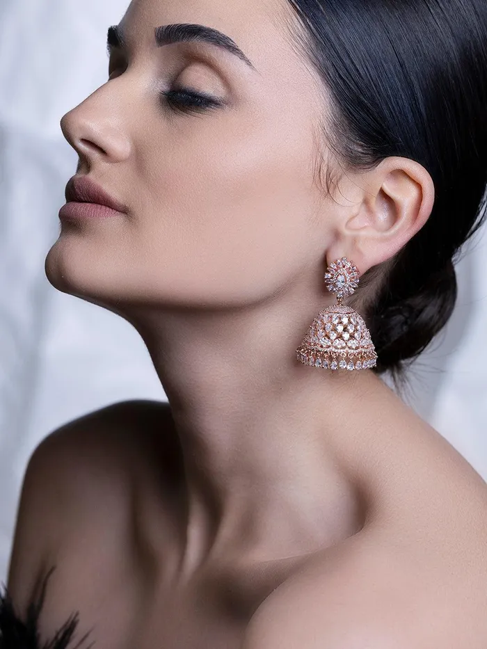Earrings Radiant Rose Gold CZ Jhumki Earrings Curio Cottage