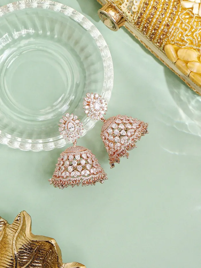 Earrings Radiant Rose Gold CZ Jhumki Earrings Curio Cottage